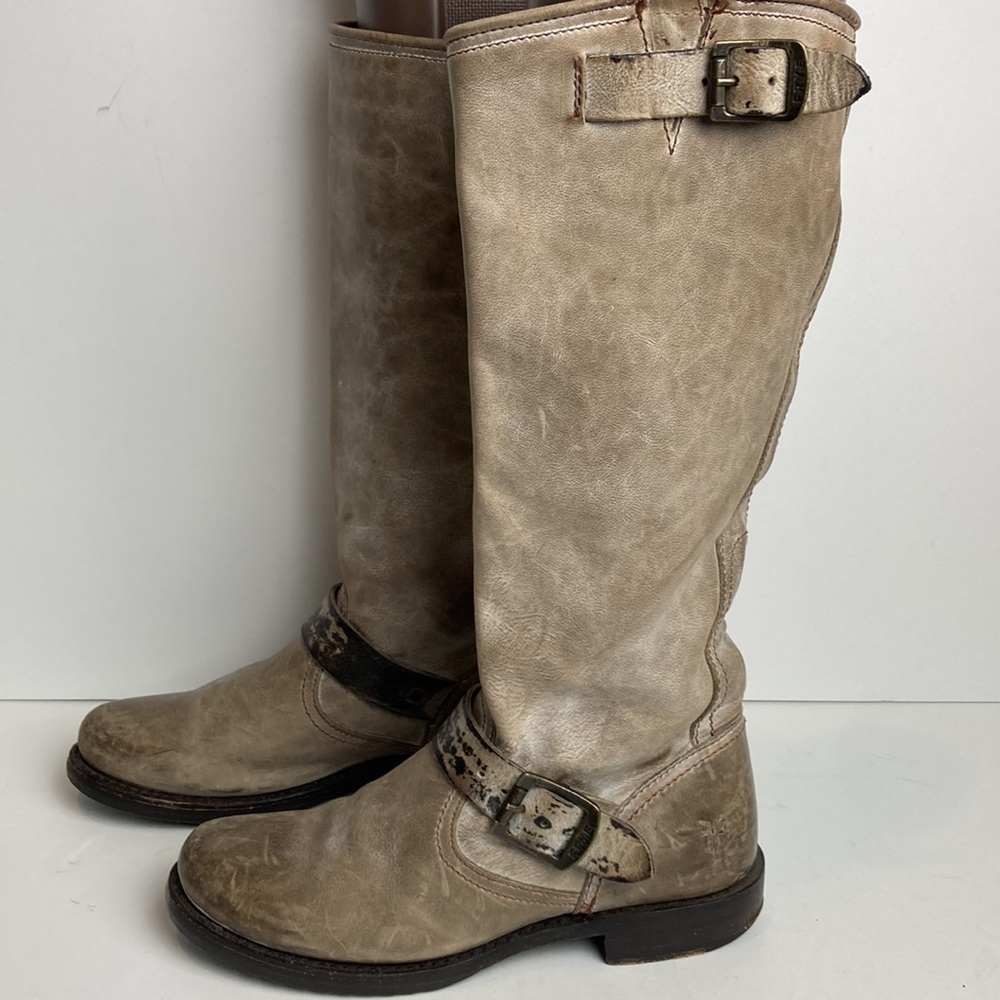 FRYE Slate Brown VERONICA SLOUCH Harness Riding boots Sz 6.5 Boho Distressed